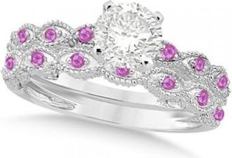 Allurez Vintage Lab Grown Diamond & Pink Sapphire Bridal Set 18k White Gold 0.70ct