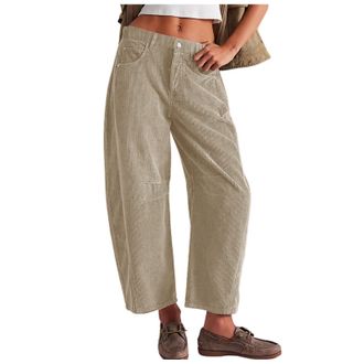 Generic 2025 Trousers Womens Corduroy Pants Barrel Mid Rise Elastic Waist Cord Pants Casual Wide Leg Baggy Trouser with Pockets (Khaki, S)