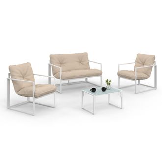 IDMarket Nairobi Set Di Mobili Da Giardino Bassi A 4 Posti In Acciaio Bianco Con Cuscini Beige