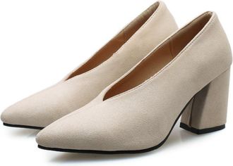 Generic Womens Pointed-Toe Block Heels Slip-On Suede Formal Shoes Office,Work, Commute Court Shoes,Beige,7.5 UK