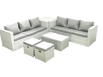 Fimous Garden Outdoor PE Rattan Furniture Set 8 Seater Rattan Garden Sofa Set with 2 Small Footstool Side Table Light Grey Mixed