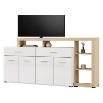 Dmora Aparador Dovad, Alacena 2 Cajones, 5 Estantes, Puertas Batientes, Corredera, 189x42x100h Cm Blanco