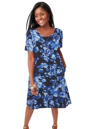 Jessica London Stretch Knit A-Line Dress in Blue Floral Print at Nordstrom, Size 28