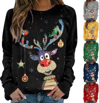 Generic Christmas Jumpers for Women Cute Reindeer Print Sweatshirt Loose Funny Christmas Jumpers Long Sleeve Crewneck Ugly Shirt Ladies 2025 Fashion Sweaters 