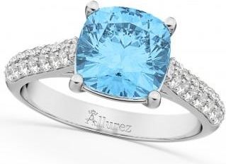 Allurez Cushion Cut Blue Topaz & Diamond Ring 14k White Gold (4.42ct)