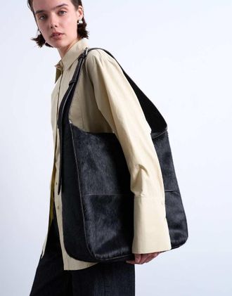 Topshop Teegan - Borsa shopping in vera pelle cavallino intrecciata oversize color cioccolato-Marrone