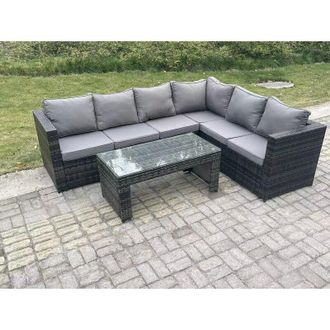 Fimous Fimous - 6 Seater Rattan Corner Sofa Lounge Sofa Set With Rectangular Coffee Table Dark Grey Mixed Right Hand