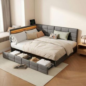 OEM Cama 140x190 - Cama 140x190 Con Almacenamiento - 2 Cajones - Cabecera Led Y Puerto Usb - Tapizado De Lino Gris