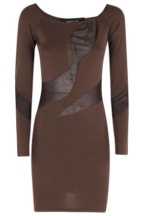 Federica Tosi Brown Semi-Sheer Inserts Boat-Neck Viscose Mini Dress