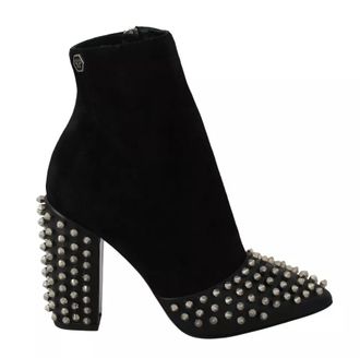 Philipp Plein Black Suede Studded Heels Ankle Boots Womens Shoes