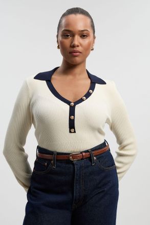 Karen Millen Womens Plus Size Knit Rib With Contrast Hem Detail Collared Top - White Polyamide - Size X-Large