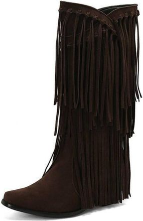 Generic Womens Pull on Mid-Calf Boots High Chunky Heel Western Cowboy Boot Square Toe Faux Suede Fringe Boots,Brown Single Lining,8.5 UK
