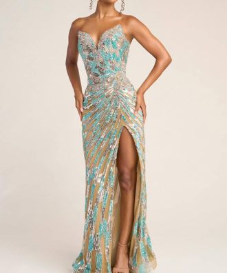 Portia & Scarlett Shimmering High-Octane Glamour Gown In Nude/blue/silver