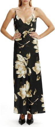 Bardot Capri Floral Print Satin Slipdress in Black Floral at Nordstrom, Size 12