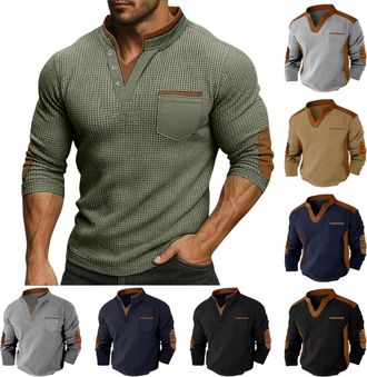 Generic Sweatshirts for Men UK Waffle Long Sleeve Pullover Tops V Neck Solid Colour Sweatshirts with no Hood Casual Work Shirts