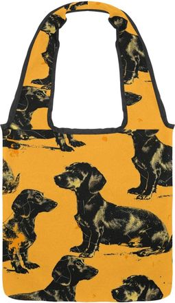 Generic Yellow Black Dachshund Dogs Reversible Canvas Shoulder Tote - Double-Sided Print, 12oz Cotton, 27cm Drop, Fold-Flat Bag for Travel, Shopping, Street O