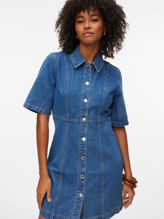 Vero Moda Jeanskleid VERO MODA VMDAISY 2/4 SHORT DENIM DRESS NOOS, Damen, Gr. XL, N-Gr, medium blau denim, Denim/Jeans, Obermaterial: 100% Baumwolle, unifarben,