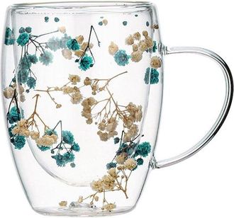 OEM Tazas De Caf&eacute; De Vidrio De Doble Pared, Taza De Caf&eacute; Transparente Con Estampado Floral Y Asa De 350 Ml, Tazas De Caf&eacute; Aislantes Resistentes Calor