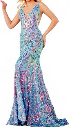 Jovani V Neck Open Back Dress In Iredescent Blue