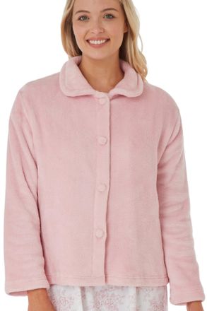 Marlon Womens Lucy Fleece Bed Jacket - Soft Short Robe with Peter Pan Collar, Long Sleeves & Button or Zip Closure - Cosy & Warm Loungewear, Pink Fleece, 20-