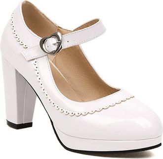 Generic Womens Chunky Heel Mary Jane Shoes Two-Tone Classic Office Heels Platform Formal Party Pumps,White,7.5 UK