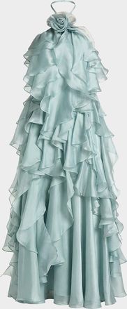 Mac Duggal Halter-Neck Ruffle Trapeze Gown
