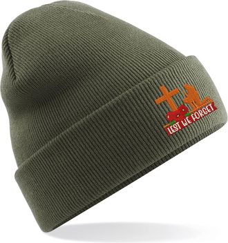 Generic Embroidered Lest We Forget Anzac Day Beanie Cap British Veterans Remembrance Day Poppy Flower Unisex Gift Beanie Hat (Military Green)