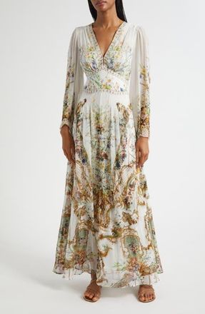 Camilla Dressing Room Drama Long Sleeve Silk Chiffon Maxi Dress at Nordstrom, Size X-Small