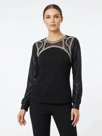 T-Bags Beaded Neck Long Sleeve Sweater In Black