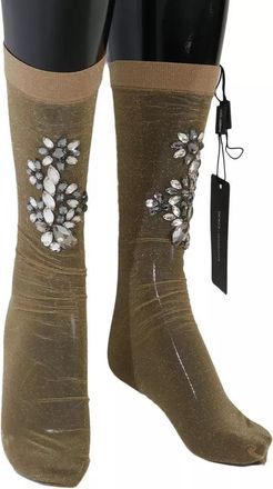 Dolce & Gabbana Womens Gold Stretch Floral Clear Crystal Stocking Socks Nylon Clothing