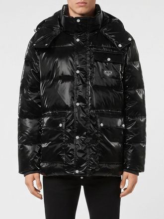 Philipp Plein Hooded Quilted Nylon Down Jacket with Patch Pockets and Logo