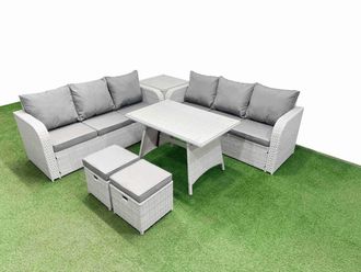 Fimous Rattan High Back Lounge Sofa Set with 3 Seater Sofa Side Table Stool in Light Grey
