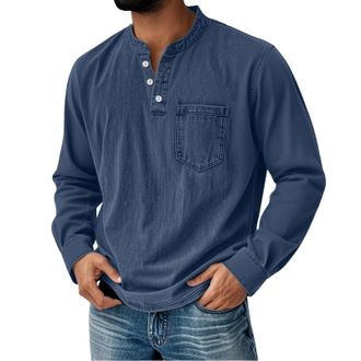 Generic Mens Shirts Henley Shirts for Men Water Washed Long Sleeve Rugby Polo Shirt Casual Distressed V Neck Pullover Sweatshirts Pocket Navy 5X-Large
