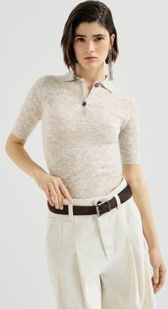 Brunello Cucinelli Silk, alpaca and wool flower lace knit polo in Fog at Nordstrom, Size Medium