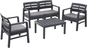 Dmora Set salotto da esterno, Set da giardino con 2 poltrone, 1 divano ed 1 tavolino, Salottino indoor e outdoor con cuscini, 100% Made in Italy, Antracite