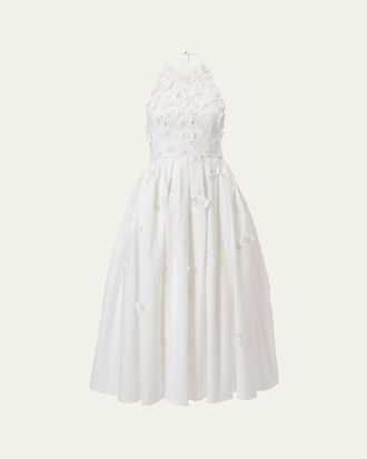 Carolina Herrera Floral Applique Cotton Halter Midi Dress