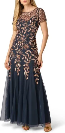 Adrianna Papell Floral Embroidered Beaded Trumpet Gown in Navy/rose Gold at Nordstrom, Size 18