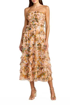 Mac Duggal Strapless Floral Micro Ruffle Dress in Gold Multi at Nordstrom, Size 12