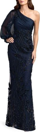 Mac Duggal One Shoulder Chiffon Gown with Embroidered Floral Skirt in Navy at Nordstrom, Size 14