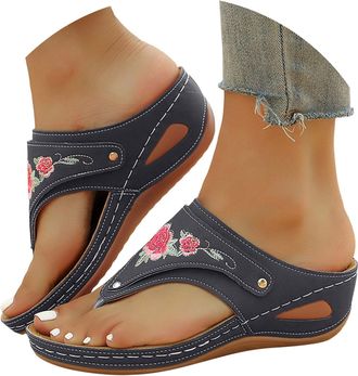 Generic Orthopedic Wedge Slipper for Women 2026 Flower Leather Platform Wedges Summer Dressy Sandals Women Arch Support Comfortable Open Toe Wide Width Casual