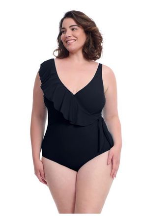 Gottex Tutti Frutti Plus Size Ruffle Surplice One Piece in Black at Nordstrom, Size 22W