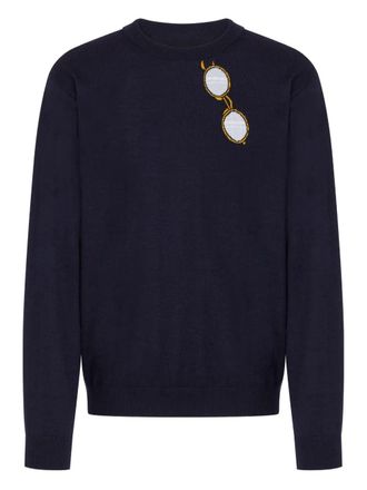 Moschino Dark Navy Blue Knit Sweater With Unique Embroidery