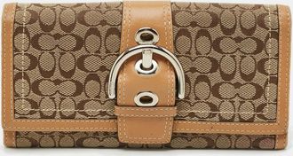 Coach Buckle Detail Beige/tan Signature Canvas And Leather Continental Wallet