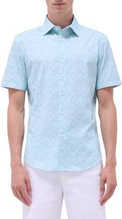 Bugatchi Miles OoohCotton Floral Short Sleeve Button-Up Shirt in Menthol at Nordstrom, Size Xxx-Large