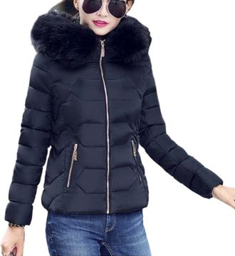 Generic Womens Warm Winter Coat Outerwear Short Winter Full Zip Thicken Puffer Jacket Quilted Parka with Faux Fur Collar, Black, XL
