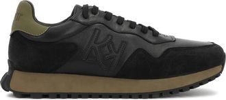 Kazar Zwarte herensneakers met nubuck en kaki leren inzetstukken - Heren - Sneakers - Zwart - 45 EU - Leer - Schoenen