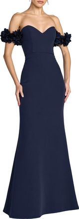 Mac Duggal Petite Crepe Off The Shoulder Gown With 3D Flowers in Midnight at Nordstrom, Size 10