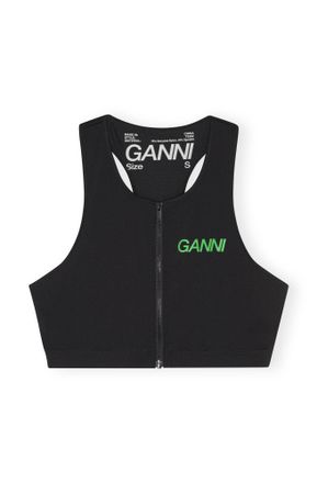 Ganni Black Active Racerback Zipper Top - Size XXS Recycled Nylon