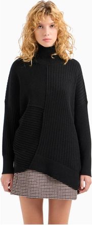 A|X Armani Exchange Asymmetrische Gebreide Trui met Hoge Hals - Dames - Coltruien - Zwart - S - Katoen - Truien & Vesten
