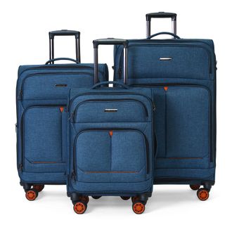 Infinity Leather Zachte linnen koffer blauw, 8 wielen, lichtgewicht reisbagage